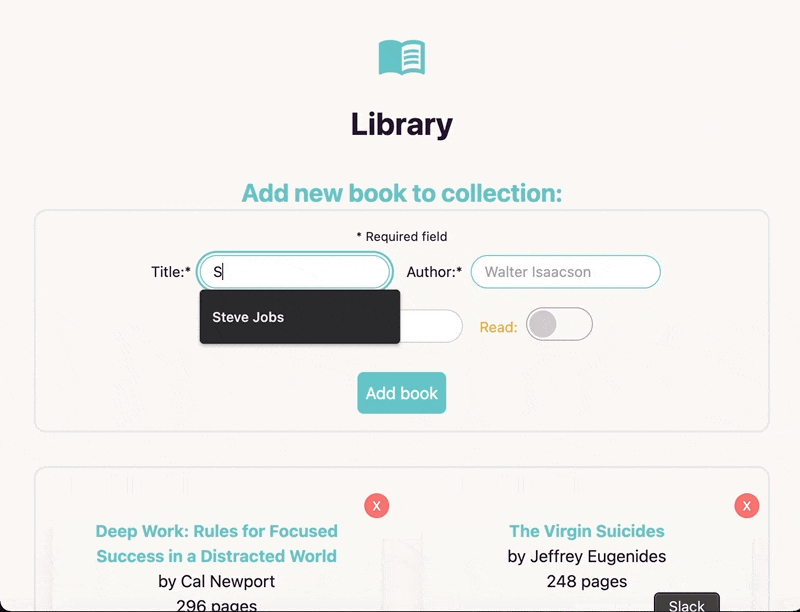 screenshot of library web app