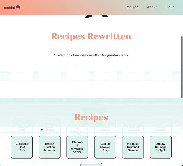 screenshot of recipes page